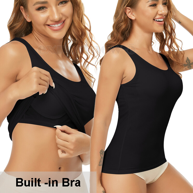 TANK TOP Womens Stretch Long Workout Fitness Sport Yoga Built in Bra Basic Top