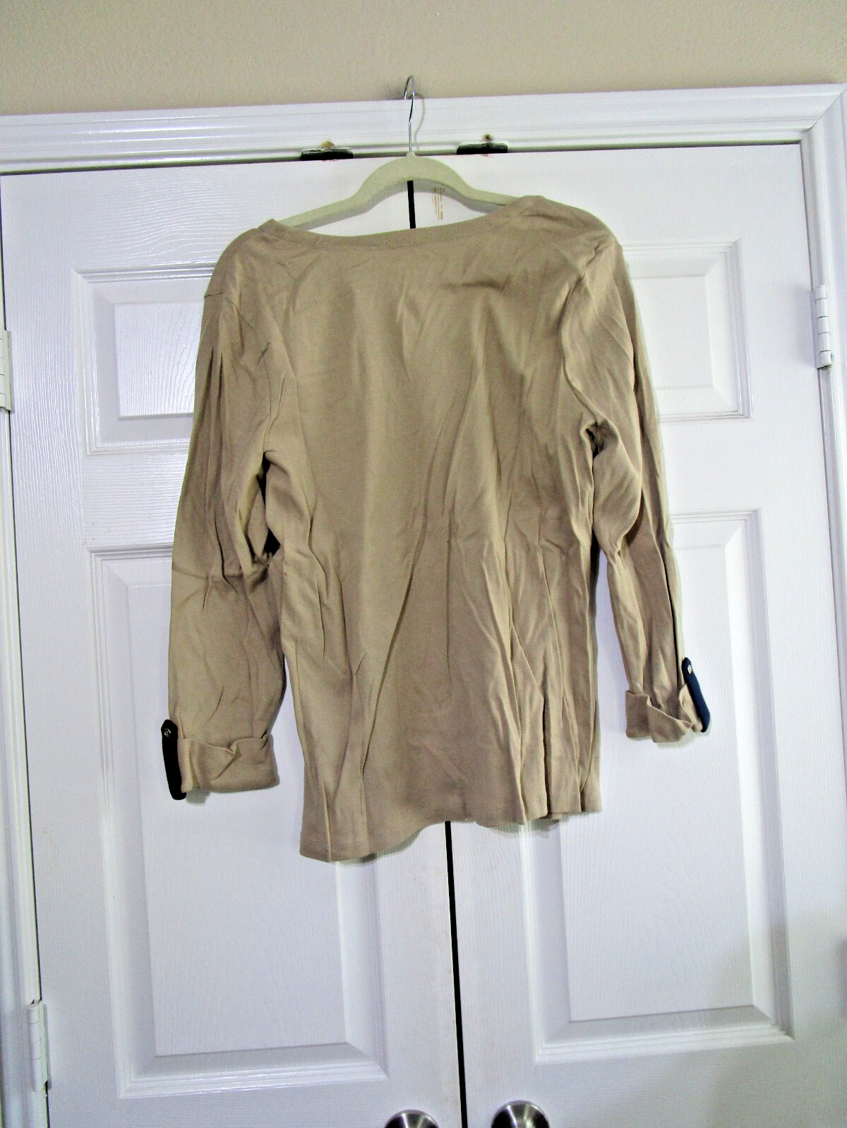 NWT Kim Rogers Womens Henley Top Size Large Beige Navy Long Sleeve