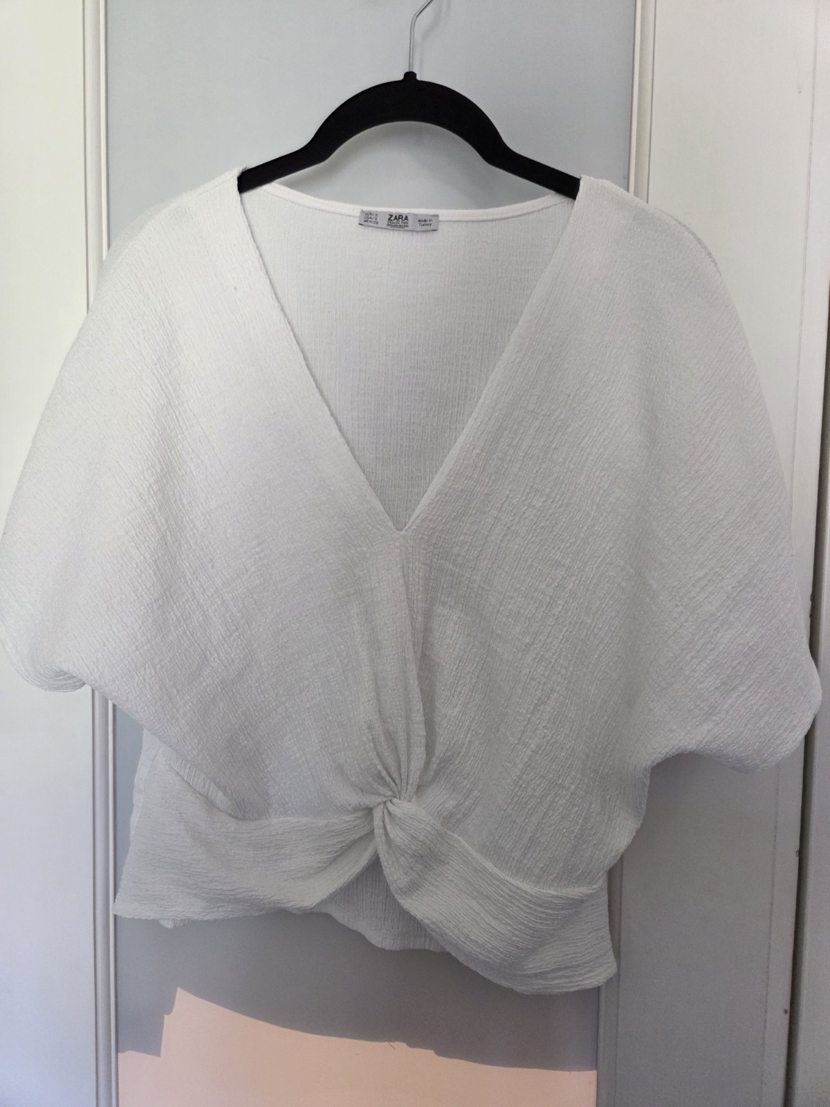 Zara White Twist Front V-Neck Short Sleeve Cotton Crop Blouse, Women’s S