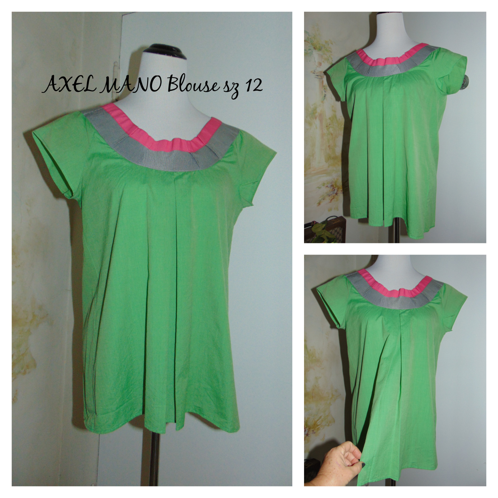 Women’s Axel Mano Green Italian Gross Grain Gray Pink Frill Travel Blouse Top 12