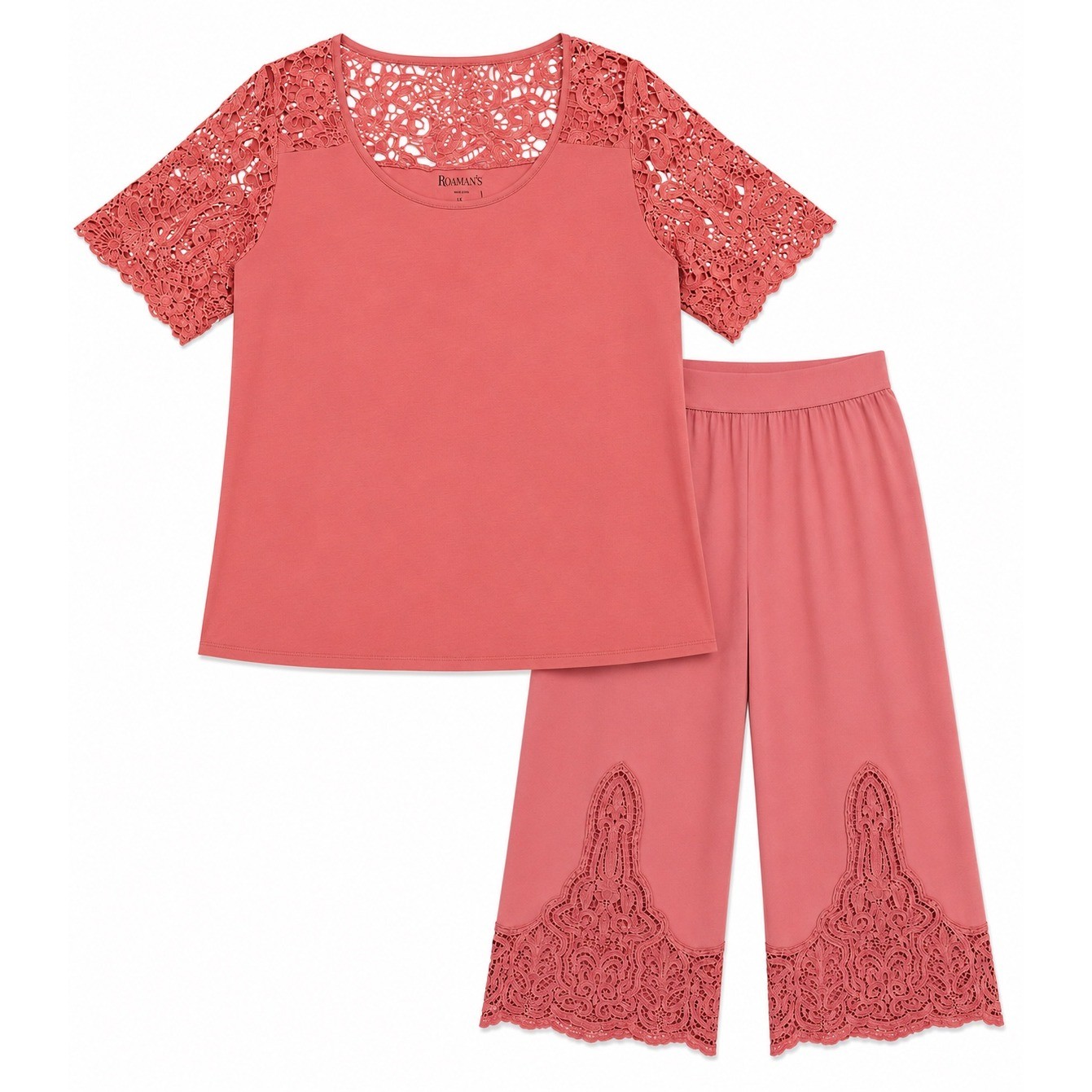 Roamans Womens 1X 18/20 Pink Pajama Lounge Set Crochet Top Wide Leg Crop Pants