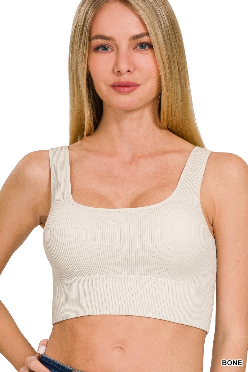 Zenana Ribbed Padded Bralette Brami Square Neck Crop top S-XL 16 colors 6134