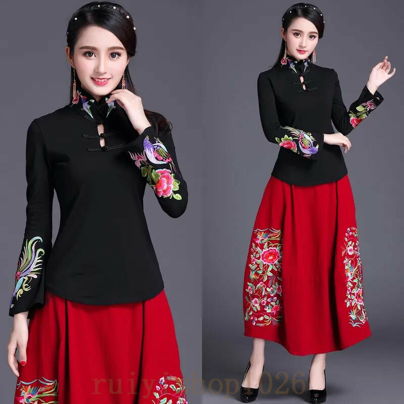 Womens Embroidery Chinese Cheongsam Long Sleeve High Neck T Shirt Pullover Retro