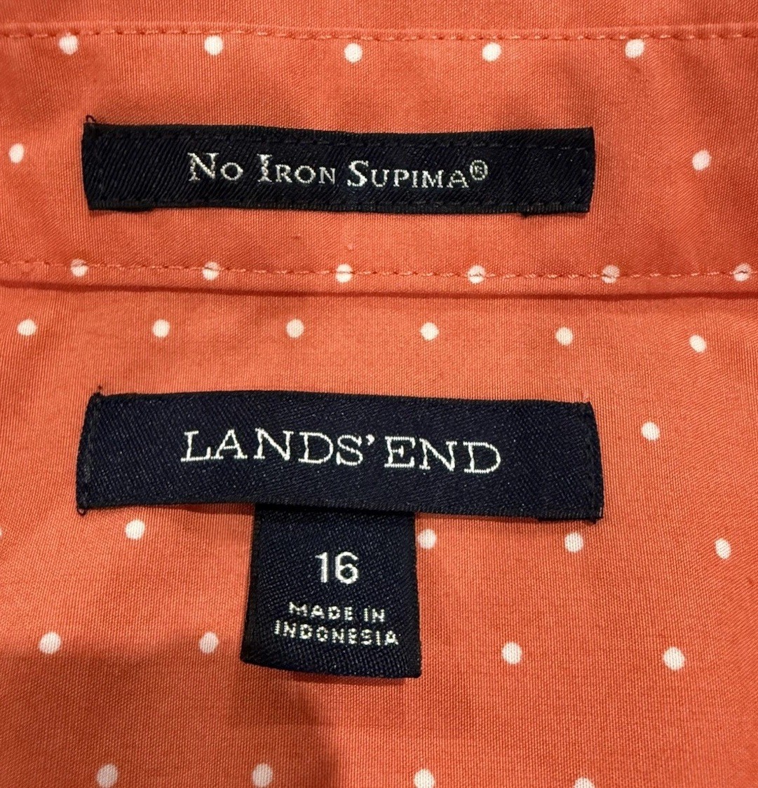 Lands End Women’s Orange White Polka Dot Button Down No Iron Supima Top Size 16