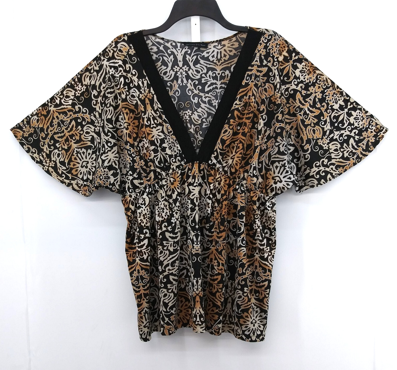 American City Wear Blouse Women Size XL Brown Black Floral Kimono Sleeve V-Neck