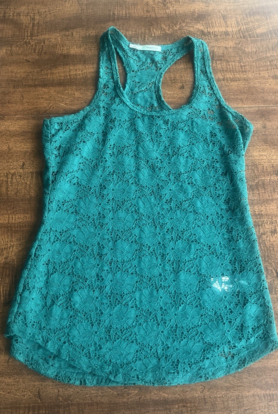 Maurices Y2K Teal Lace Racerback Tank Top Fairycore Boho Festival Womens Small