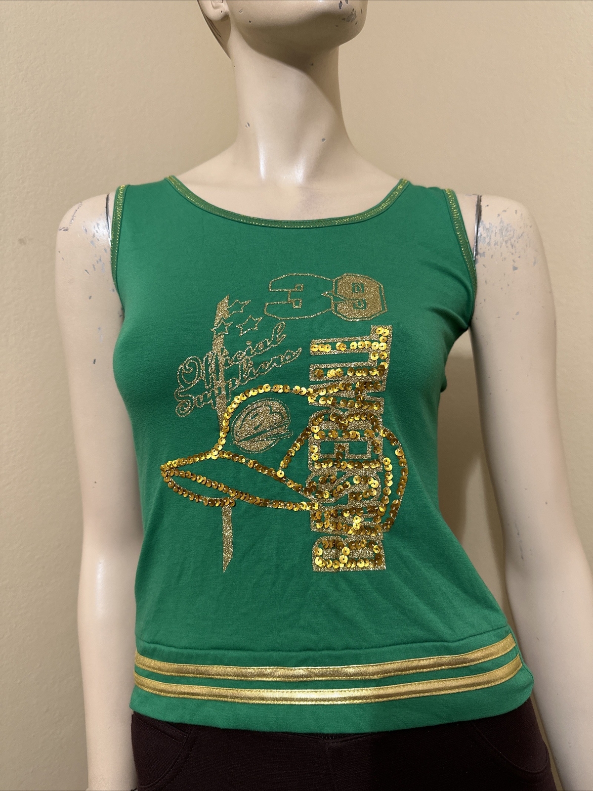 Women’s Green Gold Print Polyester Casual Summer Opened Beaded Size M Blouse Top