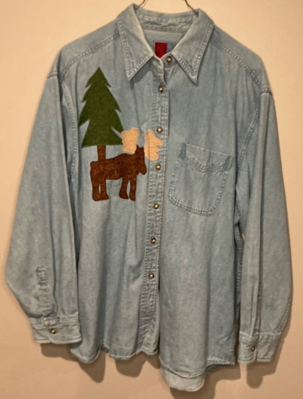 Vintage Sun Belt XL Denim Shirt Moose Bear Woodland Embroidered Cabin Oversized