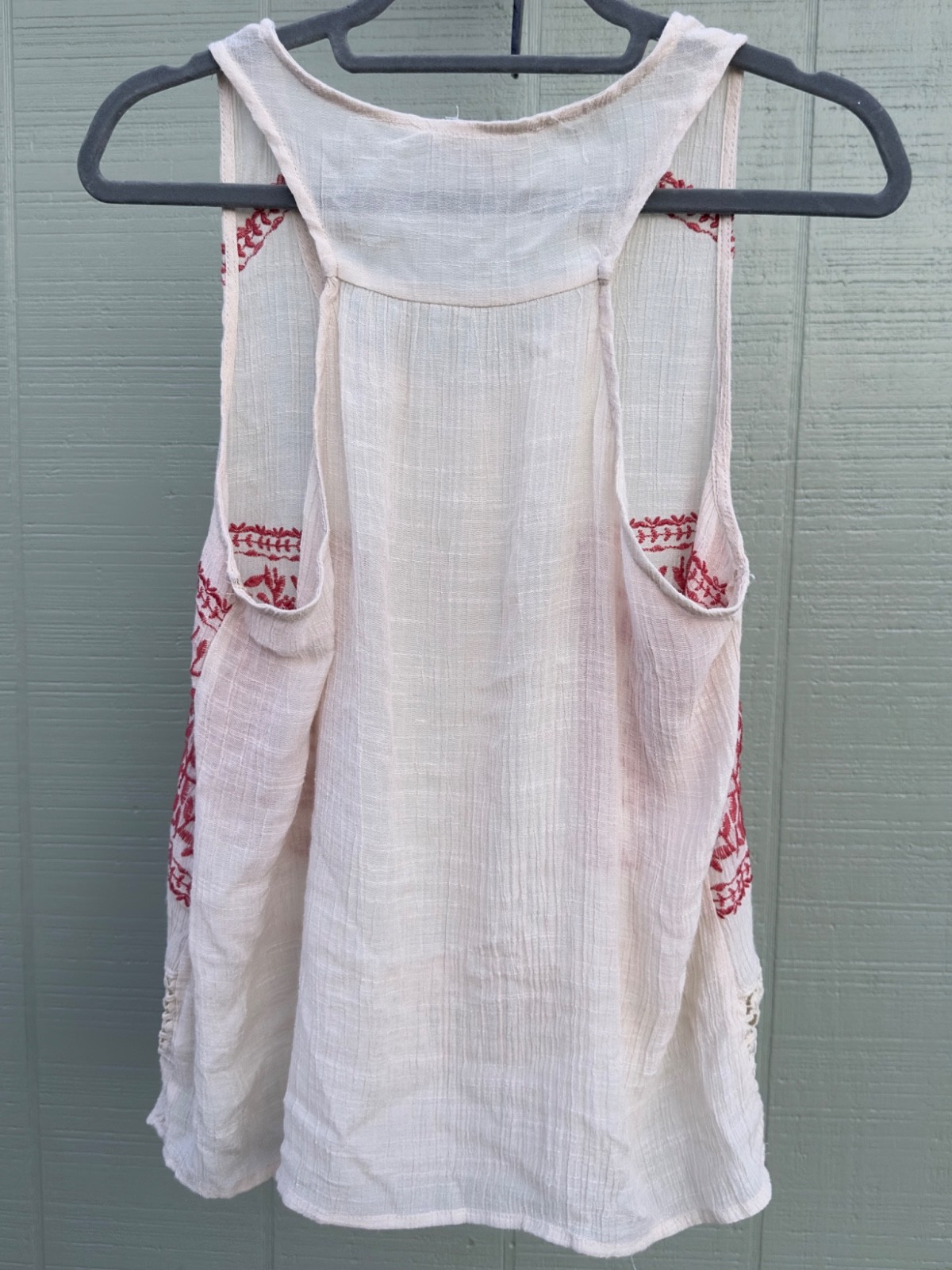 Sheer Gauzy Cream Crochet Top Red Floral Print Embroidery Sleeveless Size Large