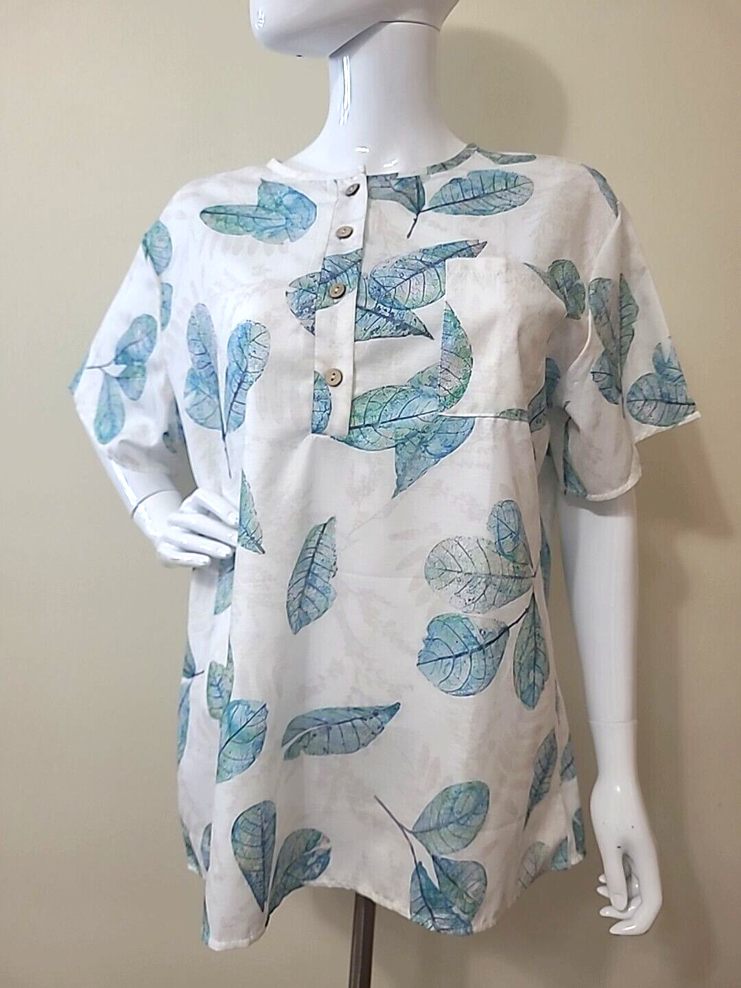 Womens Tropical Short Sleeve Shirt Half Button Up White Blue Green Leaves Large