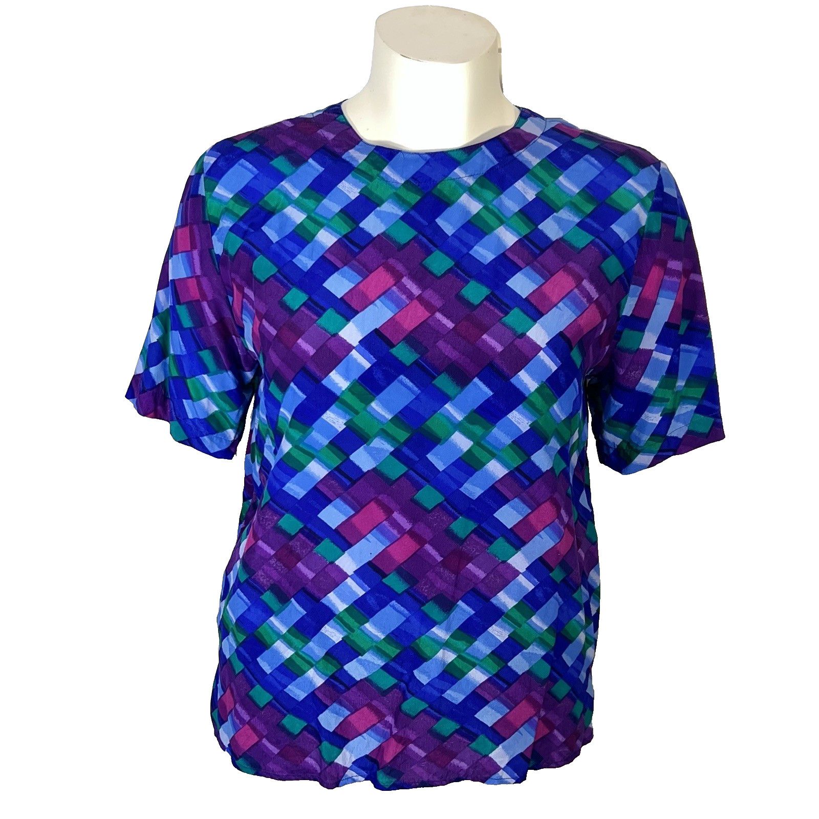 Quo-Silk Blouse Women’s M Silk Blue Purple Vibrant Geometric Short Sleeve Modest