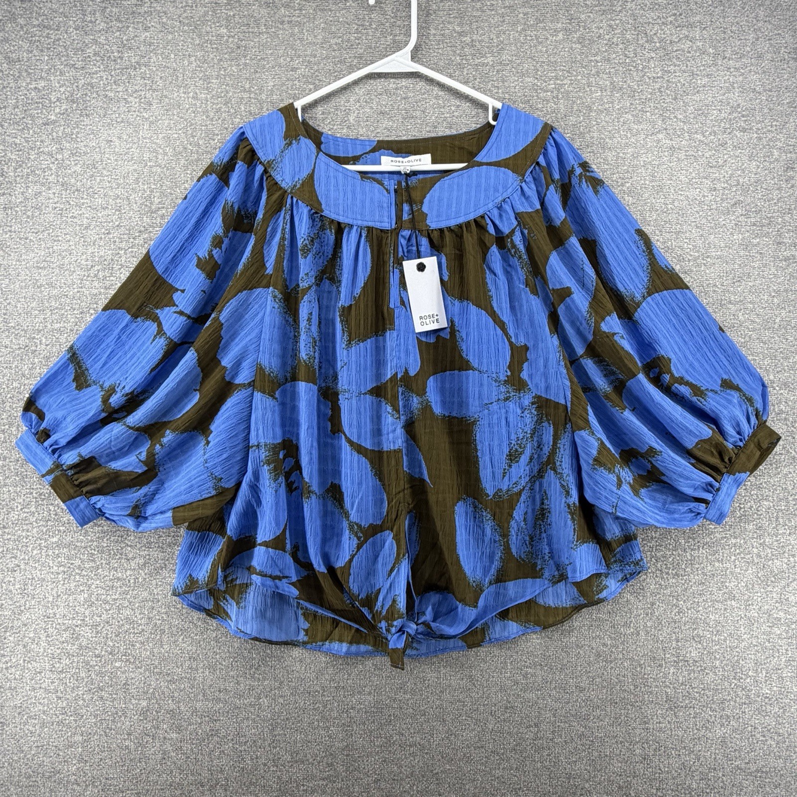 Rose + Olive Blouse Top Women Size XL Blue Brown Ballon Floral Sleeve Casual NEW