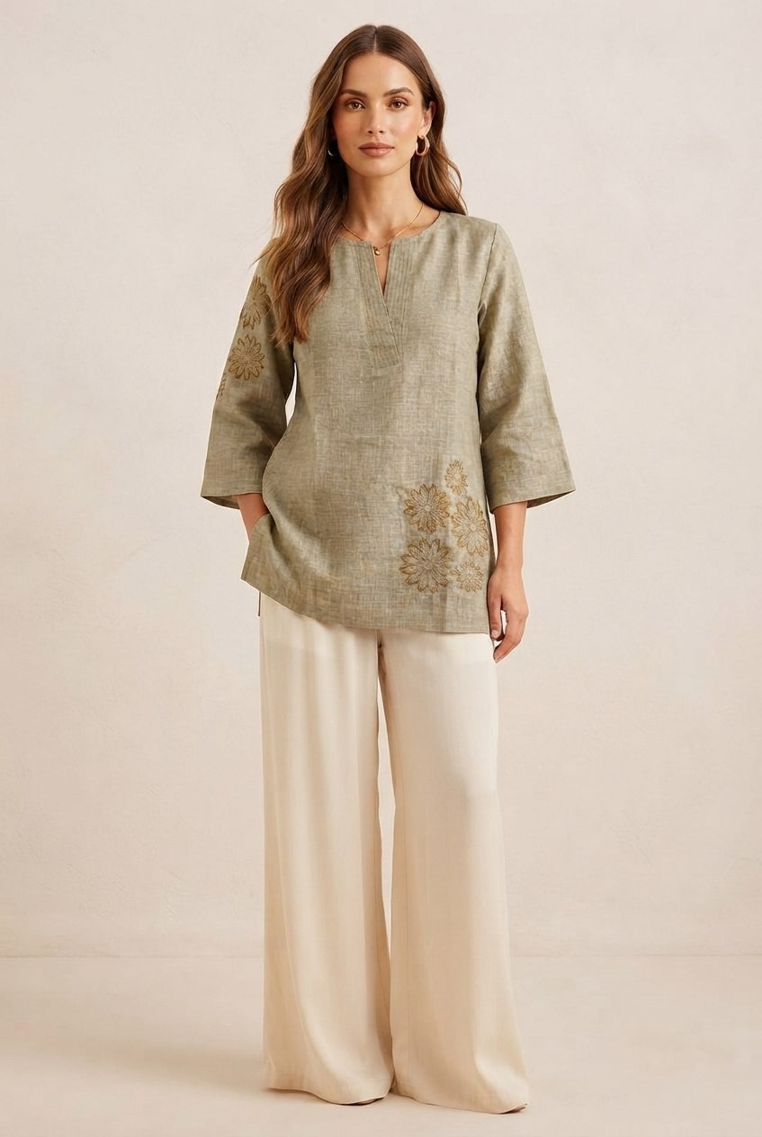 Women Olive Green Linen Cotton Embroidered Top 3/4 Sleeve Floral Tunic