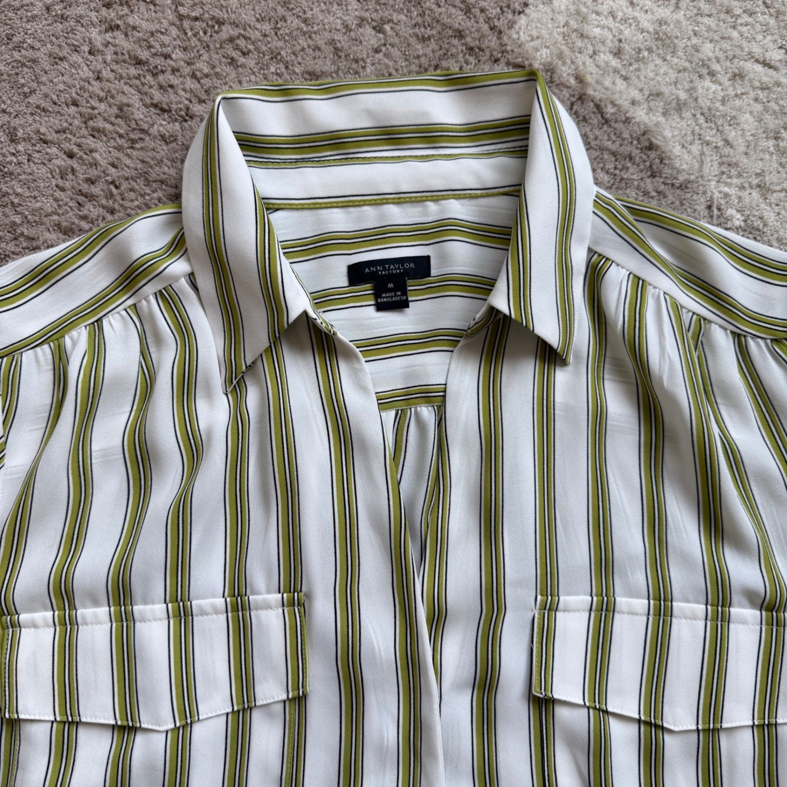 Ann Taylor Factory Womens Medium Striped Tunic Blouse Green White Long Sleeve M