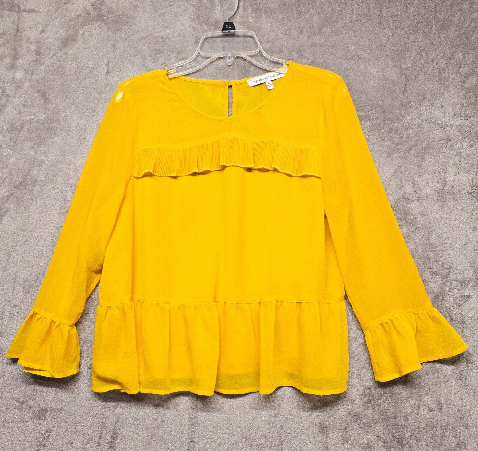 Cupcakes and Cashmere Top Womens Size Large Yellow Golden Ruffle Pleated Blouse