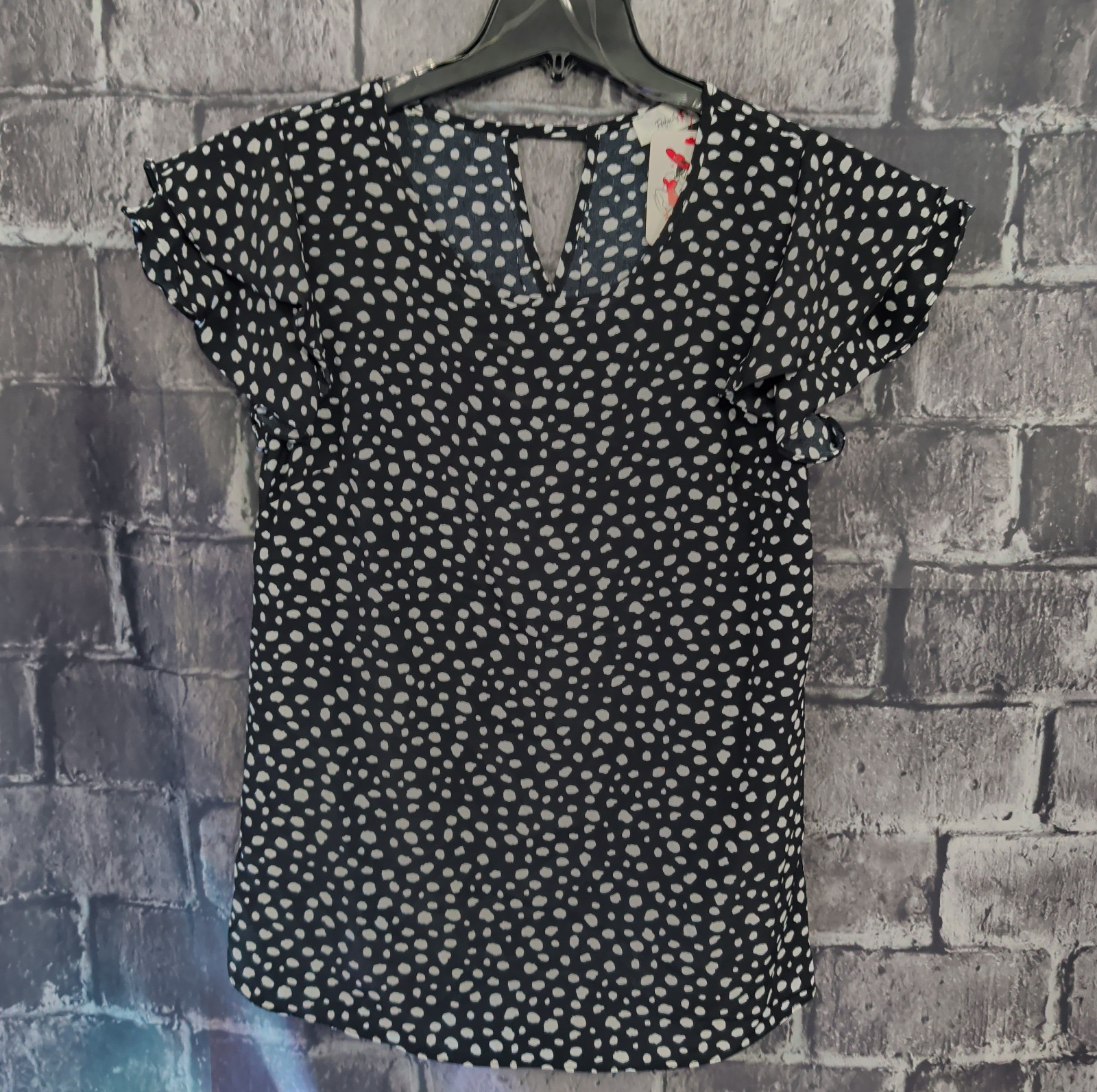Perfectly Priscilla Black and White Dotted Babydoll Cap Sleeve Top Size S NWT!