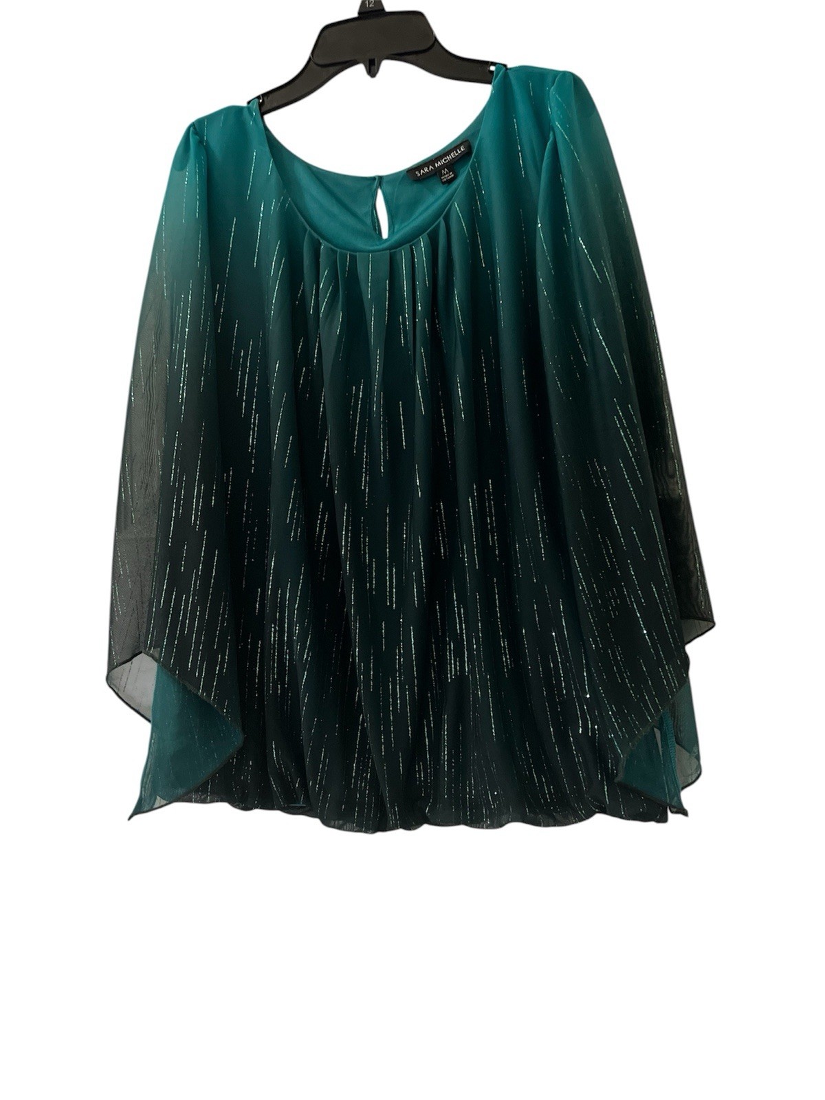 Sara Michelle Green Black Ombre Pleated Glitter Chiffon Round Neck Blouse XL