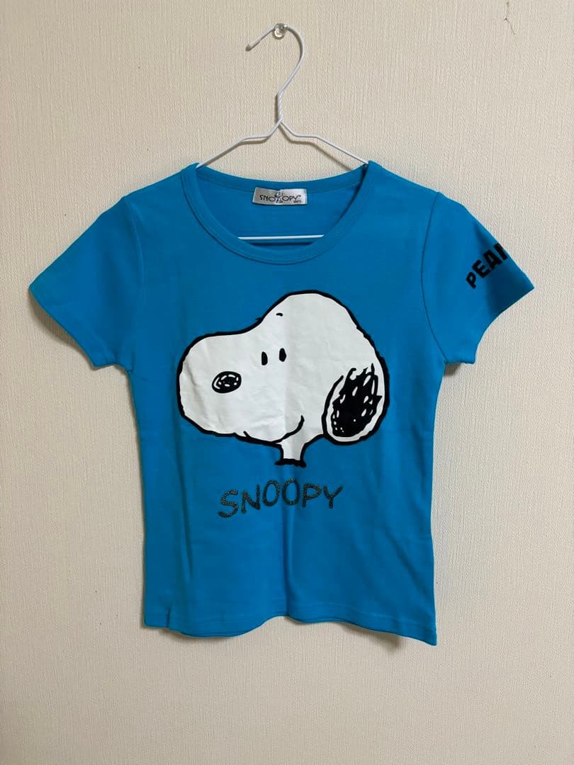 PEANUTS Snoopy T-Shirt Blue Lame Logo Short Sleeve Good Condition S