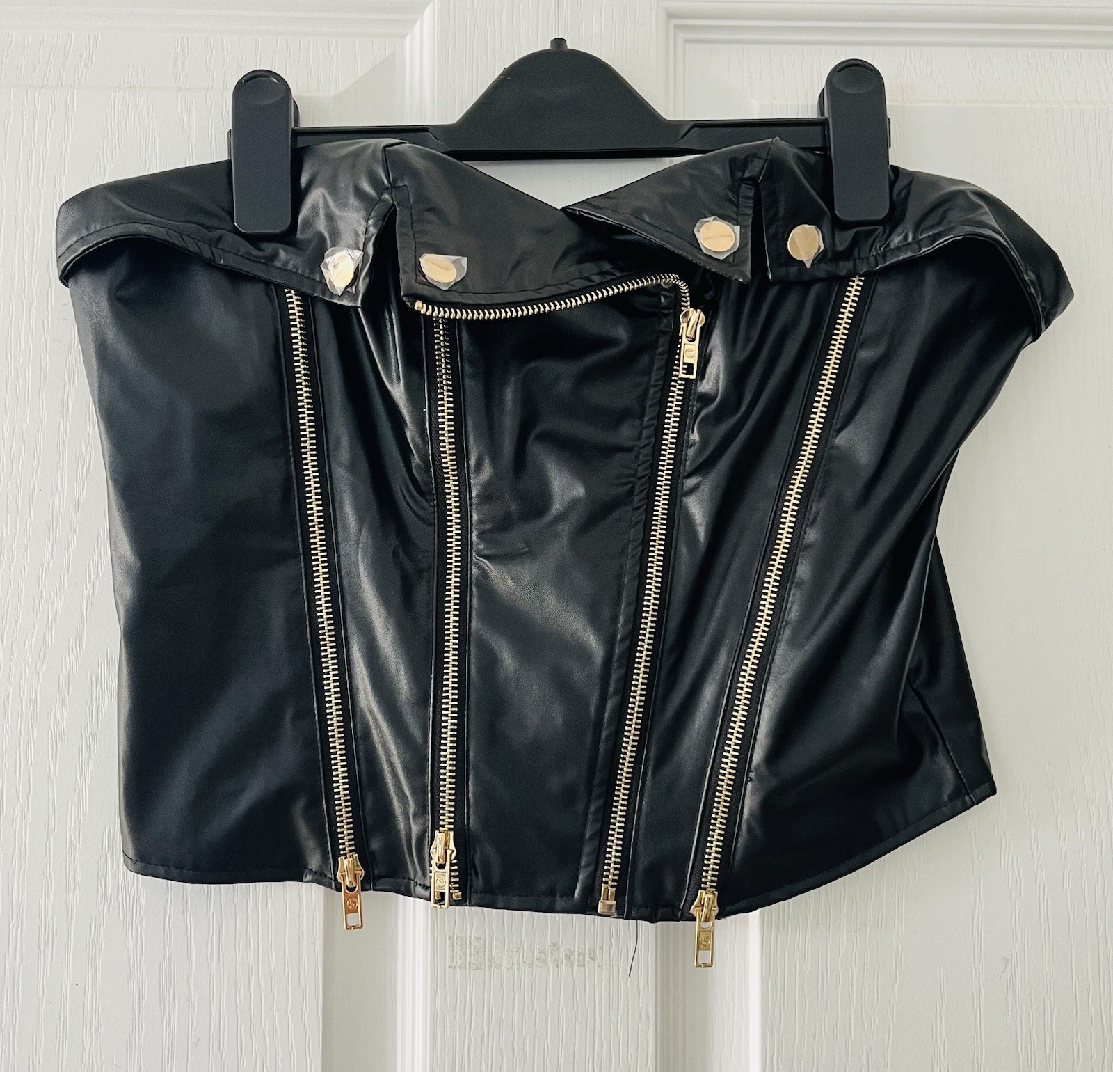 Faux Leather Boob Tube Top Gold Zip Detail UK 12-14 Biker Sexy SHEIN BNWT!