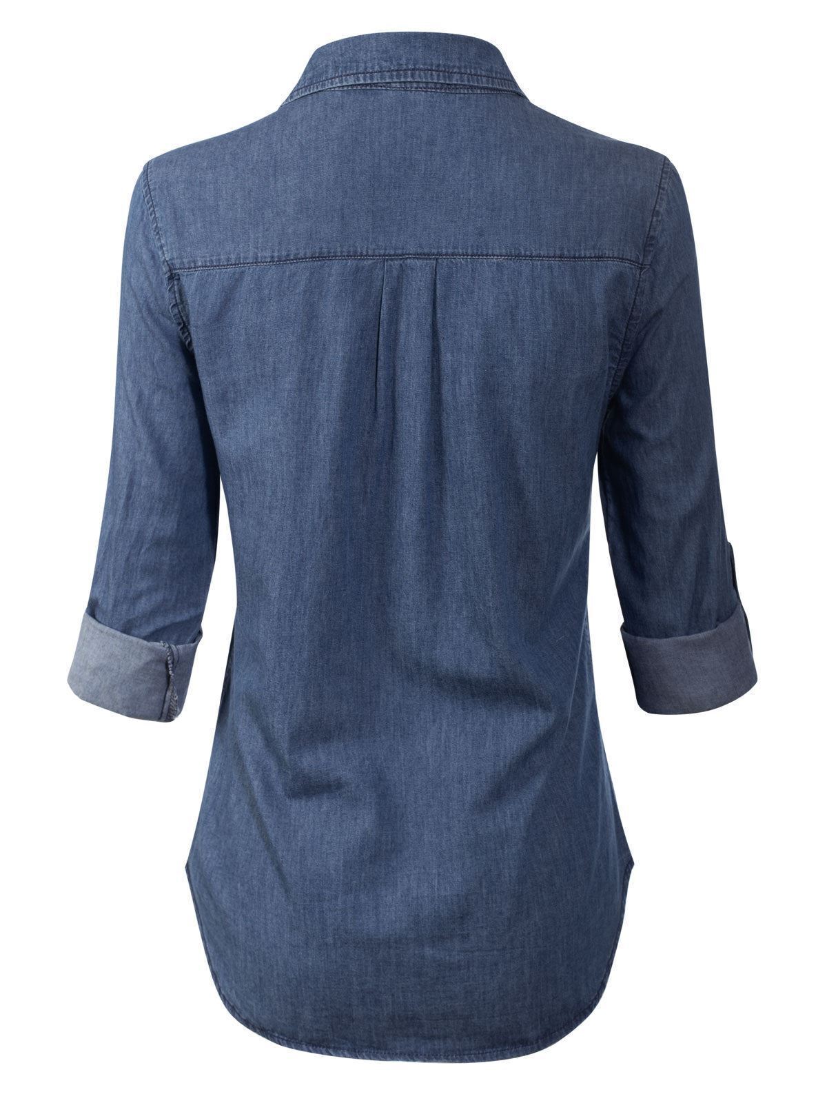 MixMatchy Basic Classic Roll up Sleeve Button Down Chambray Denim Shirt