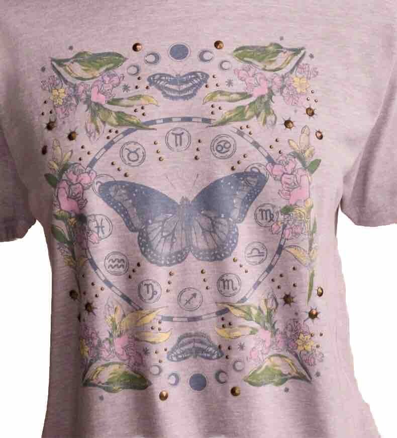 Lucky Brand Women’s Butterfly Tee Zodiac Boyfriend Graphic Art Top – Lavender