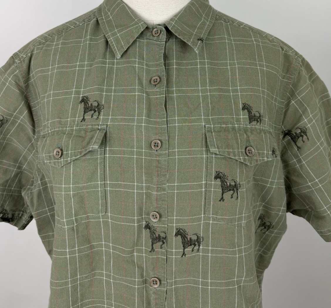 Vintage Wrangler Shirt Womens XS Horse Print Sage Green Plaid Western Equestrian