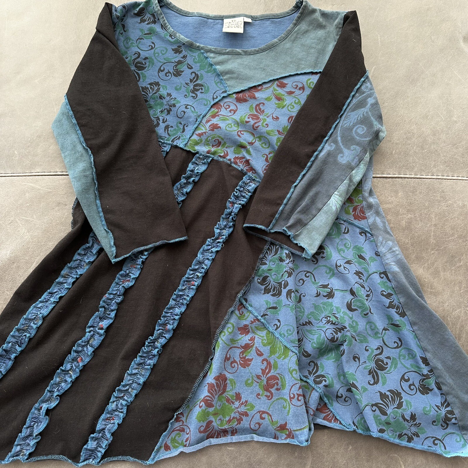 EUC Parsley & Sage Mixed Print Asymmetrical Top Lagenlook M Blue 100% Cotton