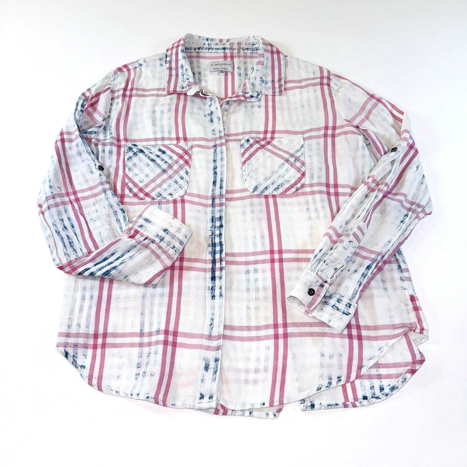Cotton On Women’s Long Sleeve Button Up Shirt Size Small Soft Pink Blue & White