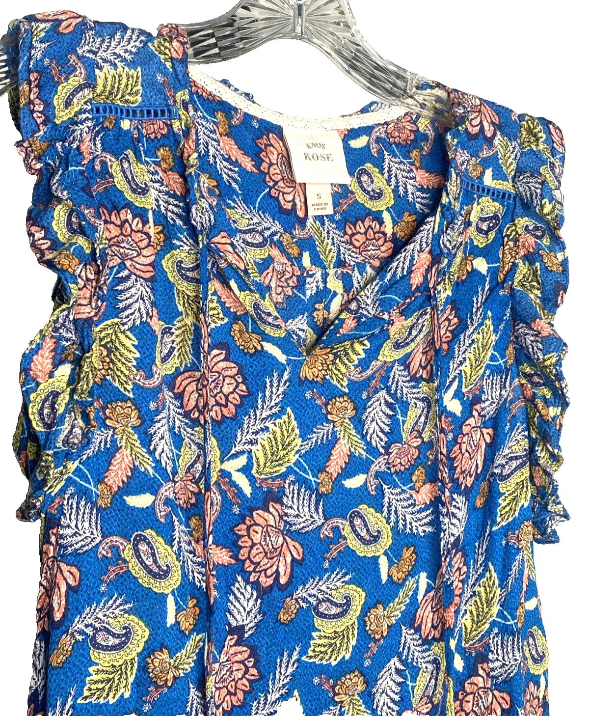 Knox Rose Size Small Blue Semi-Sheer Sleeveless Blouse Bohemian flowy colorful