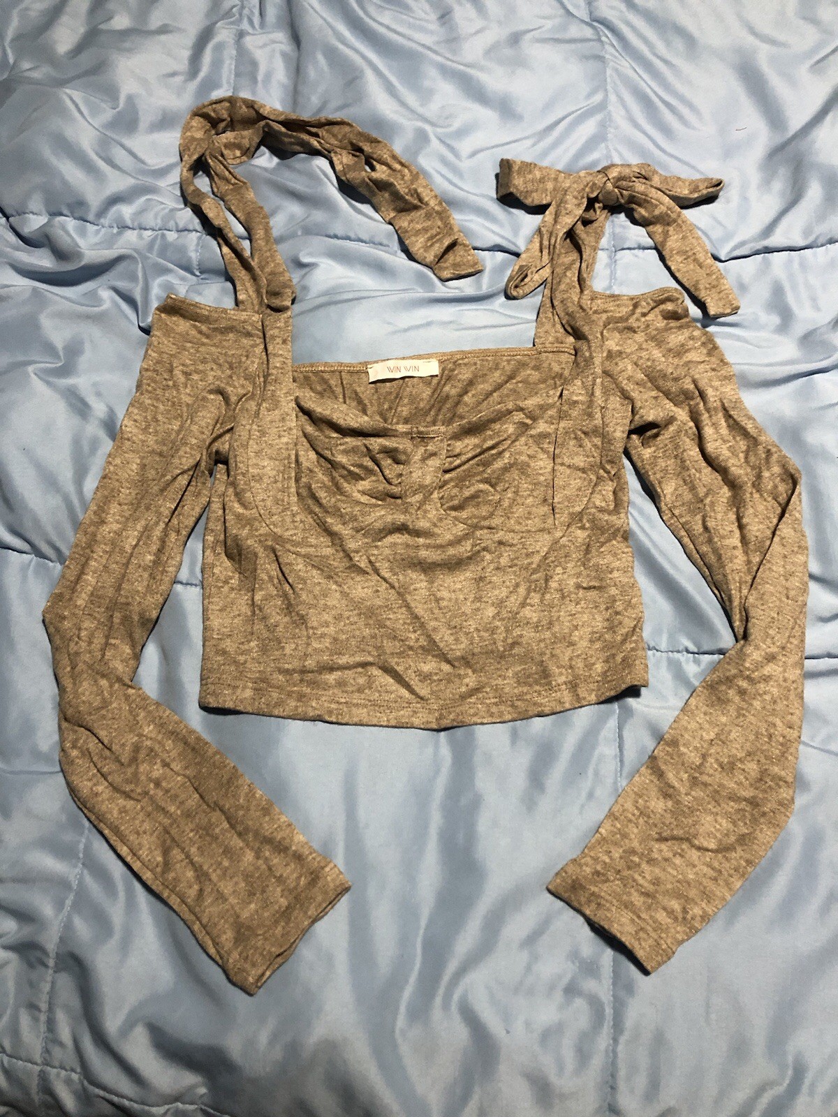 Long Sleeve Crop Top Woman’s Soft Blended Fabric Tie Shoulder Y2k Fashion Size M