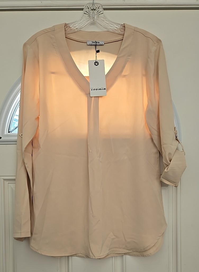 Youtalia Top Blouse Women M Beige Cream 3/4-L/S V-Neck Relaxed Pleated Tunic