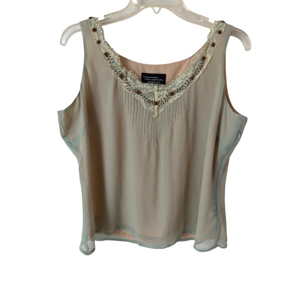 New York City Design co. Silk Sage Green Bead Embellished Y2K V-Neck Camisole Lg