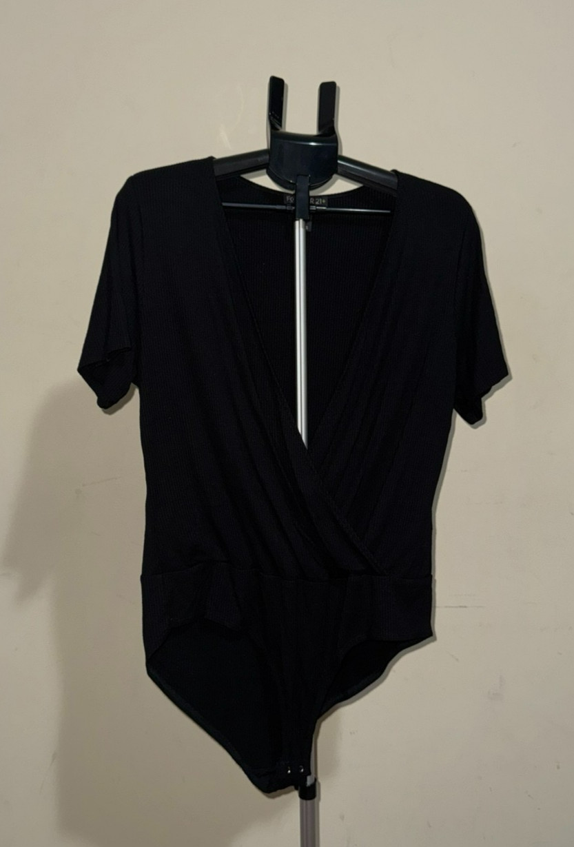 Forever 21 Plus 3X Black Ribbed Surplice Bodysuit Womens V Neck Stretch Top
