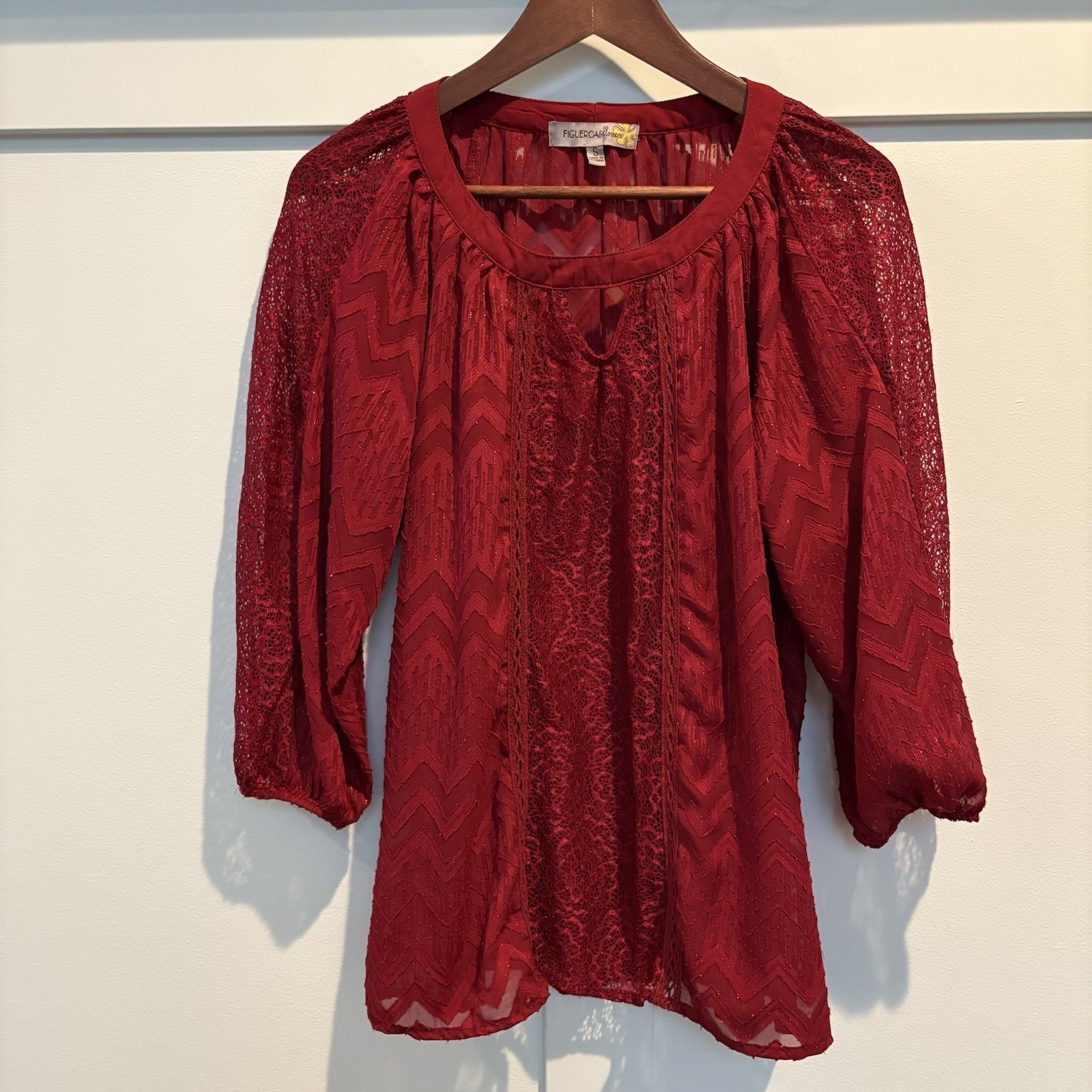 Figueroa & Flower Red Metallic Lace Peasant Top Boho Whimsigoth Small