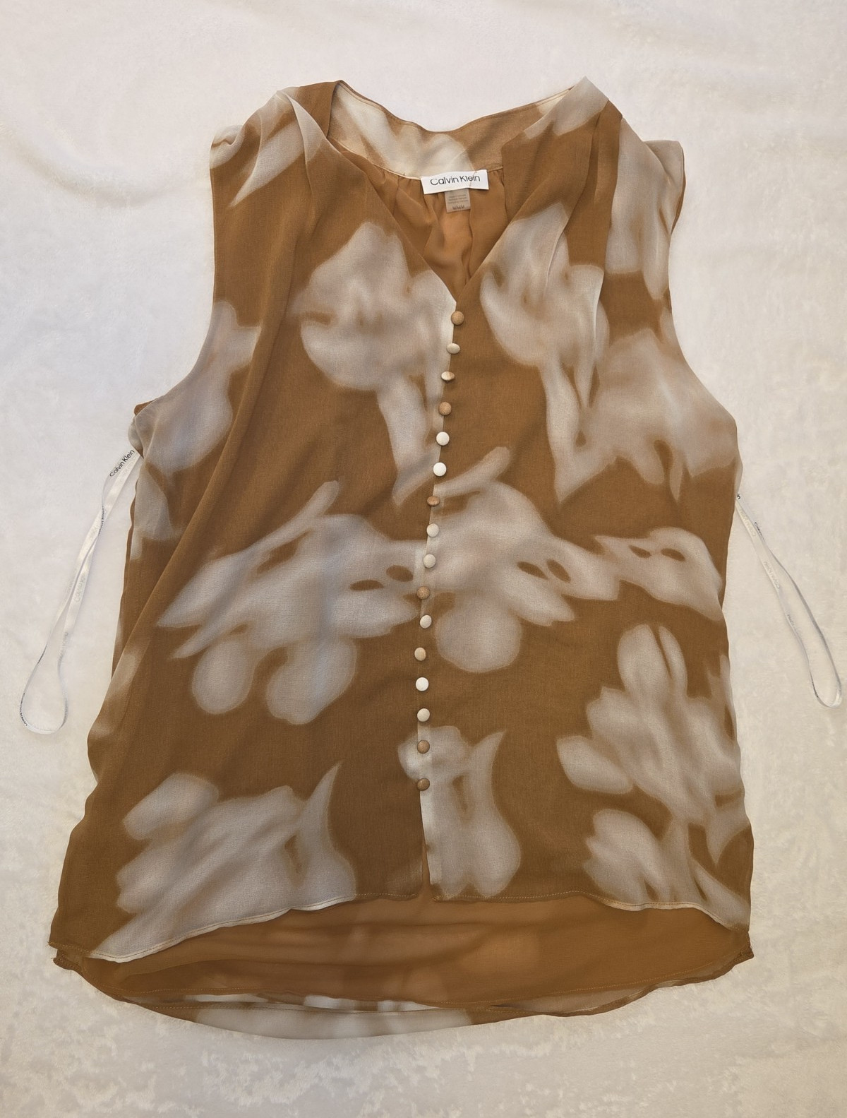 Calvin Klein Womens Sleeveless Chiffon Floral V-Neck Blouse 057 Brown/White M
