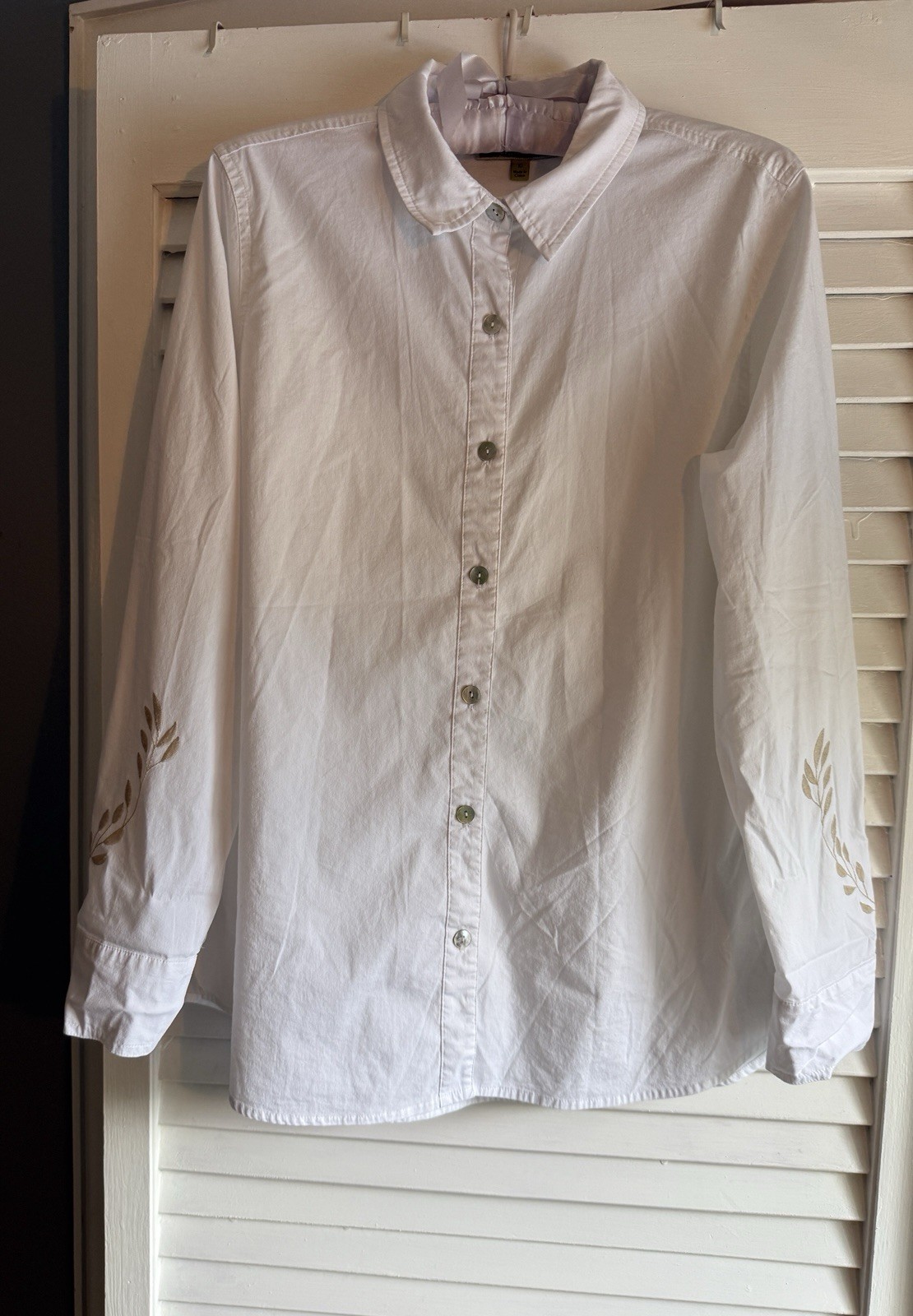 Sigrid Olsen Signature White Button Down Shirt 10 Tan Embroidery Western Boho