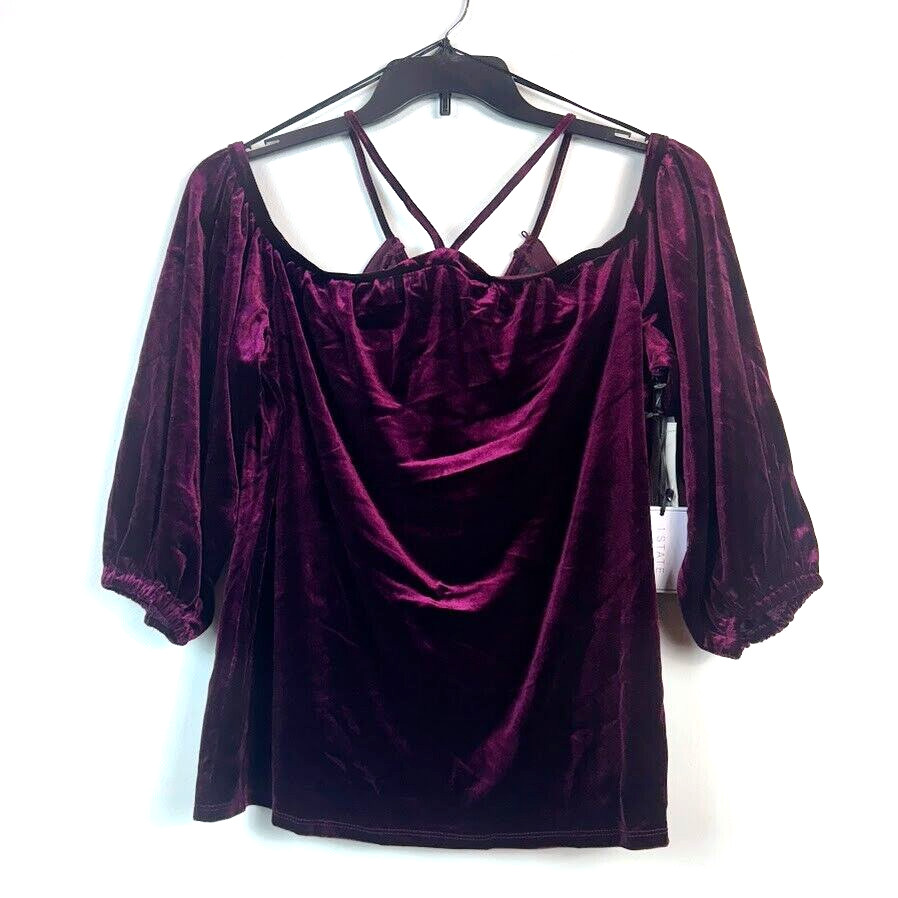 1. State Womens L Wine Red Cold Shoulder Velvet Textured Top NWT BL56