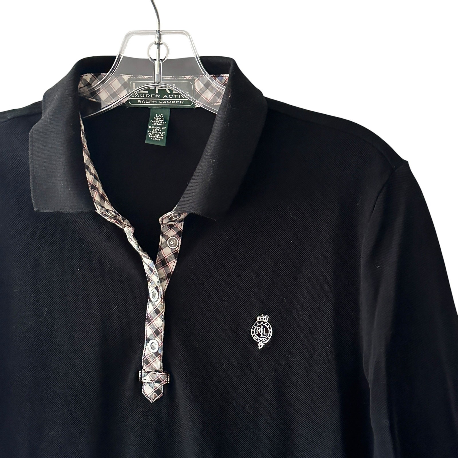 L-RL Ralph Lauren Active 3/4 Sleeve Polo Shirt Womens Large Black Plaid Trim