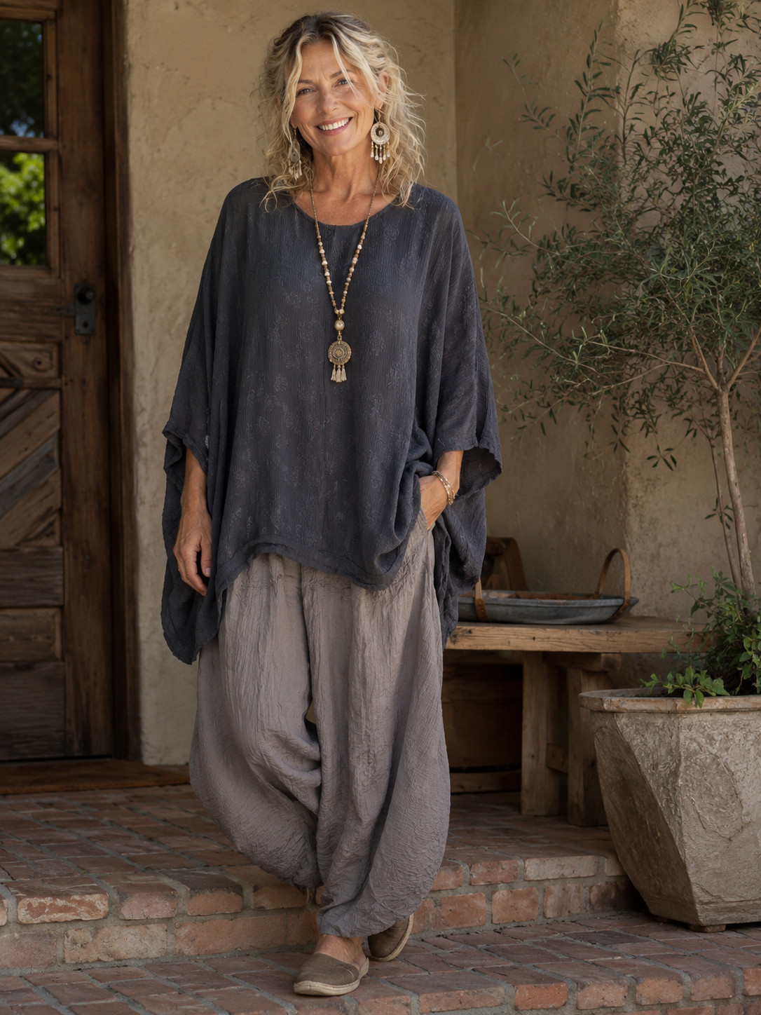Tienda Ho Black Lagenlook Boho Poncho Tunic Top Cotton Floral OS Oversized