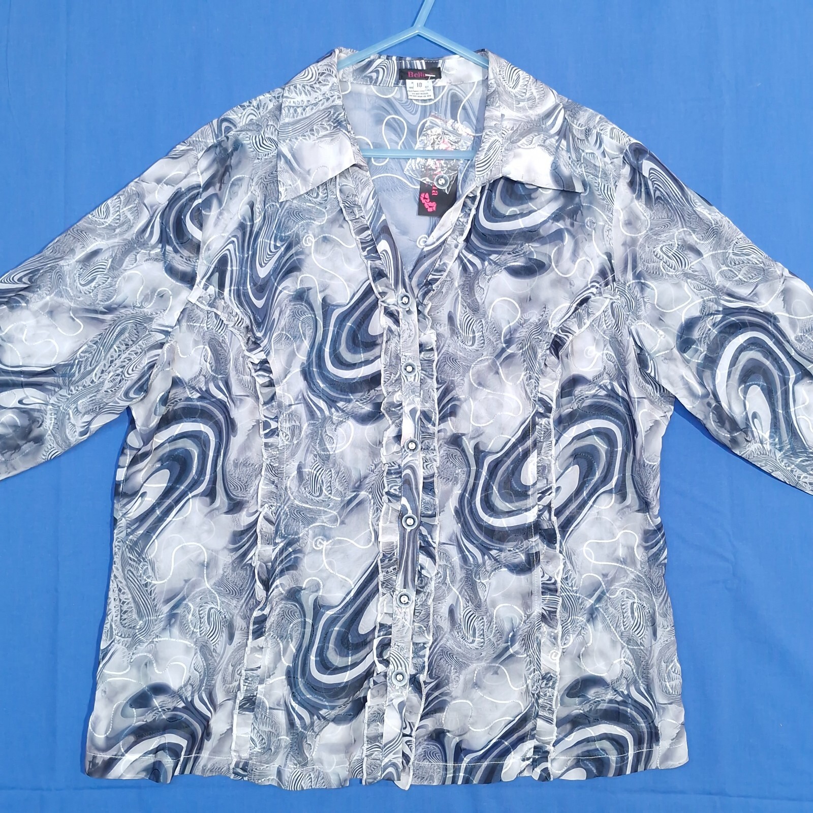 Bellina Top Womens 18 Grey & Blue Blouse Sheer Fabric w/ Swirl Pattern Ruffles