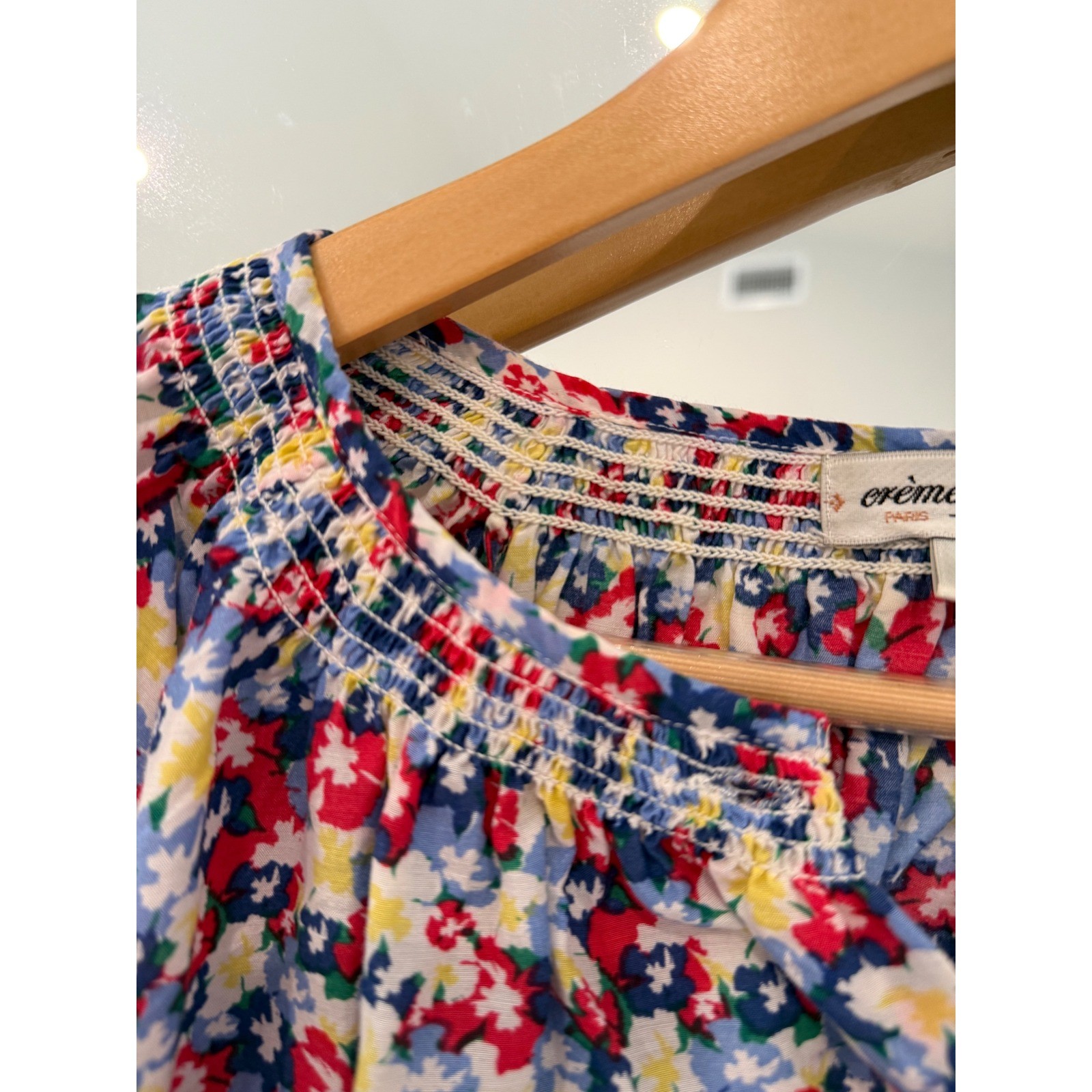 Creme Fraiche Silk Cotton Floral Smocked Blouse Red Blue Yellow Womens Medium