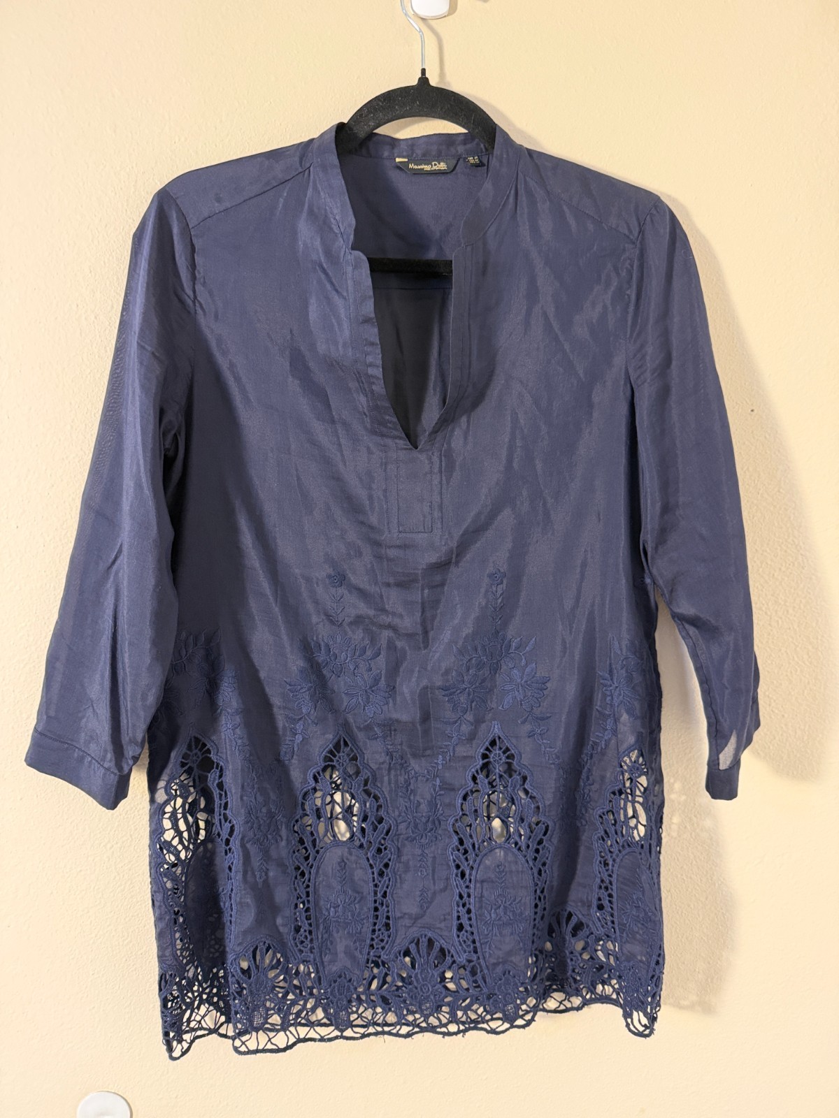 Massimo Dutti Navy Blue Cotton Silk Blend Embroidered Tunic Top Size 4