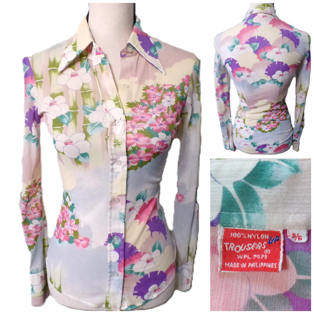 Vtg 70’s Sheer Floral Blouse XS Crinkle Fairy Boho Festival Hippie Mod Asian Y2k