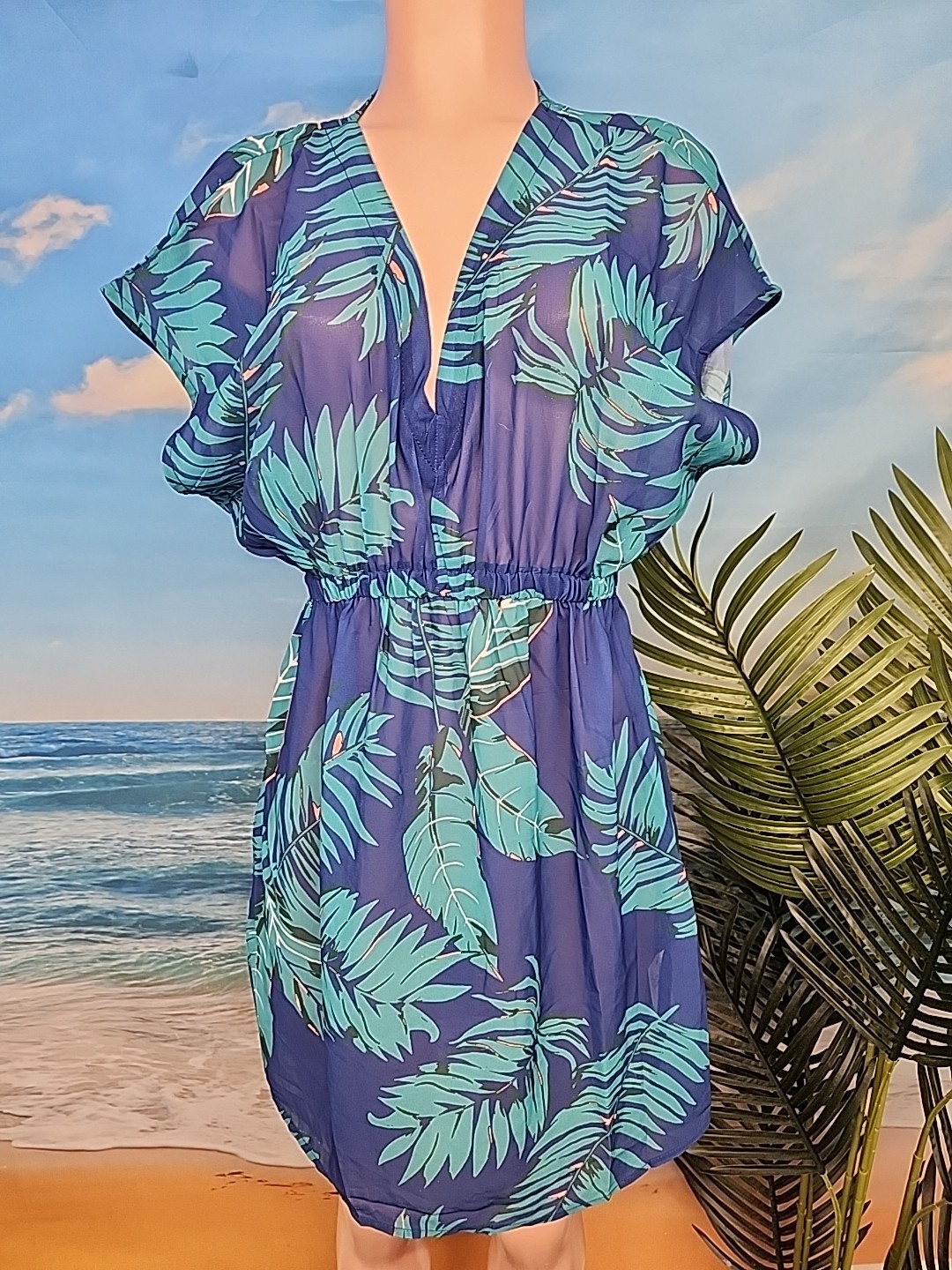 Nwt Cupshe Womens Blue Green Tropical Short Sleeve Cover Up Small.