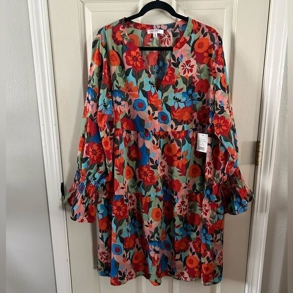 Daily Thread Floral Colorful Tunic Mini Dresss Long Sleeve Sz 2X Hippie Festival