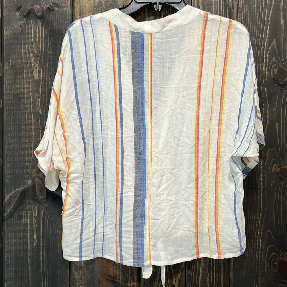 En Creme White Multi Striped Top S Button Up Tie Front Beathable Light Casual