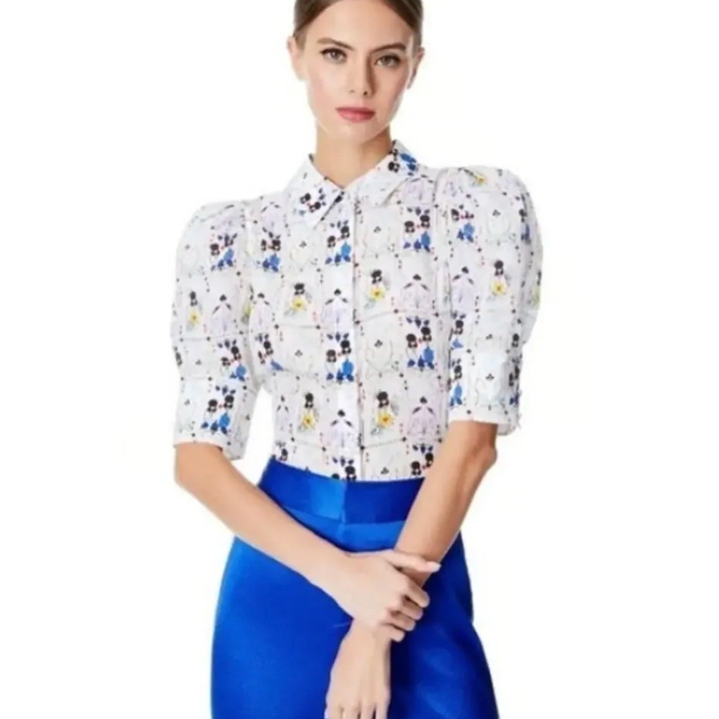 Alice + Olivia Willa Puff Sleeve Silk Blouse Stacey Face Playing Card Print S