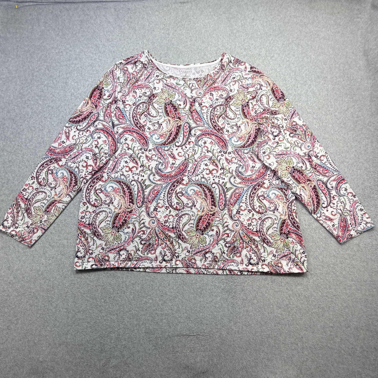 Talbots Tee Shirt Womens 3X Plus Red Blue Green Paisley Long Sleeve Crewneck Top
