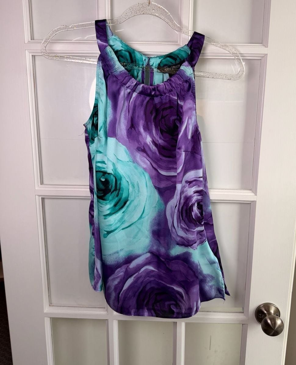 White House Black Market Purple and Teal Rose Watercolor Floral Halter Top Size