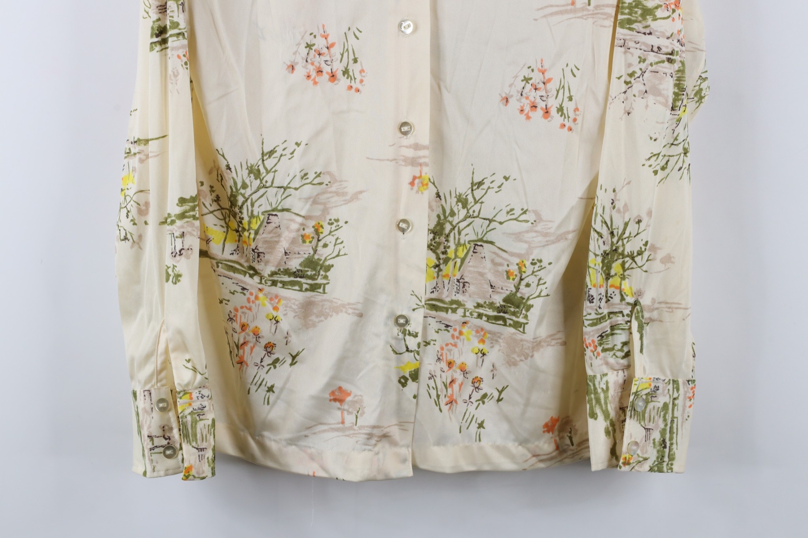 Vintage 70s Streetwear Womens Large Sheer Flower Knit Collared Button Shirt USA